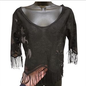Black Fringe Lace Blouse NWT Floral Medium